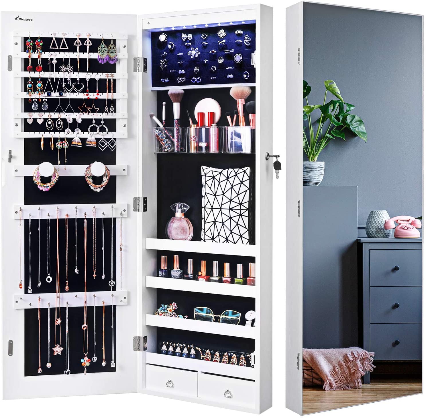 2 Color Mirrored Jewelry Cabinet Armoire Mirror Organizer Utility Storage Box 