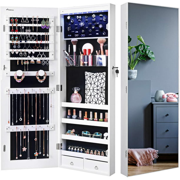 Nicetree 8 Led Mirror Jewelry Cabinet, Over The Door Led Jewellery Storage Mirror