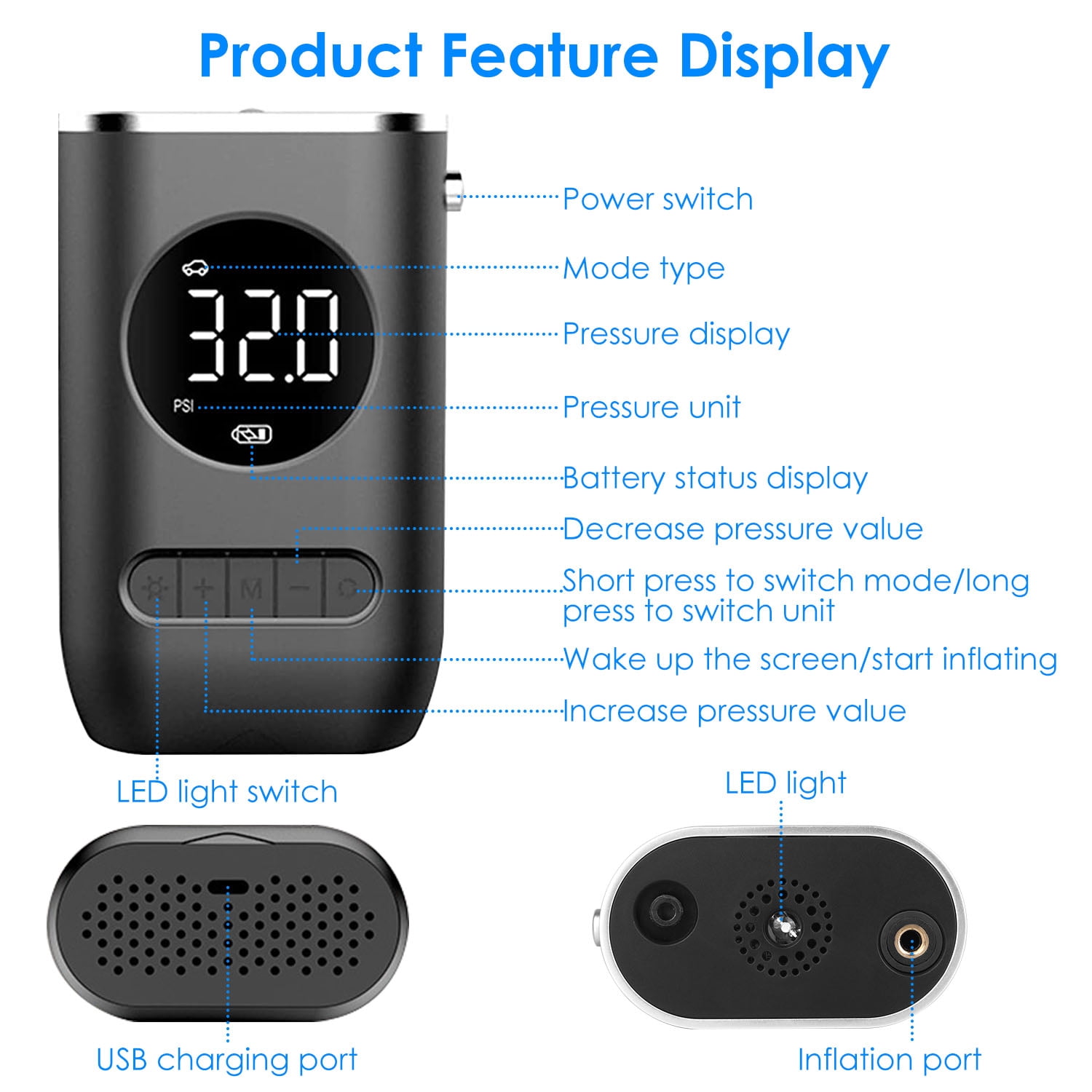 iMounTEK 150 PSI Tire Inflator, Portable Air Compressor Bicycle Pump with Digital Pressure Gauge LED Light Mini Rechargeable Tire Pump Electric Air Pump for Car Bike Motorcycle Balls