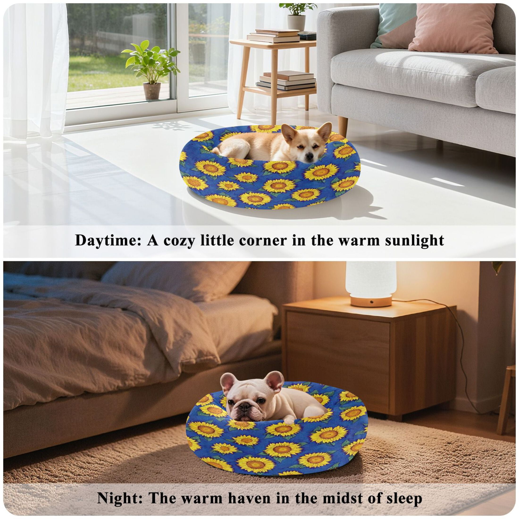 Iauyy Pet Couch Donut Cat Bed for Indoor Cats/Small Dogs Washable & Machine with Non-slip Bottom Calming Cat Furniture, Covered with Sunflowers (M)