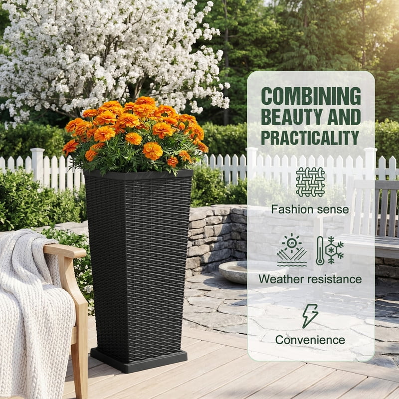 Homall 32" Tall Plastic Planter Set of 2 with Inside Pots, Drainages and Trays, for Outdoor and Indoor