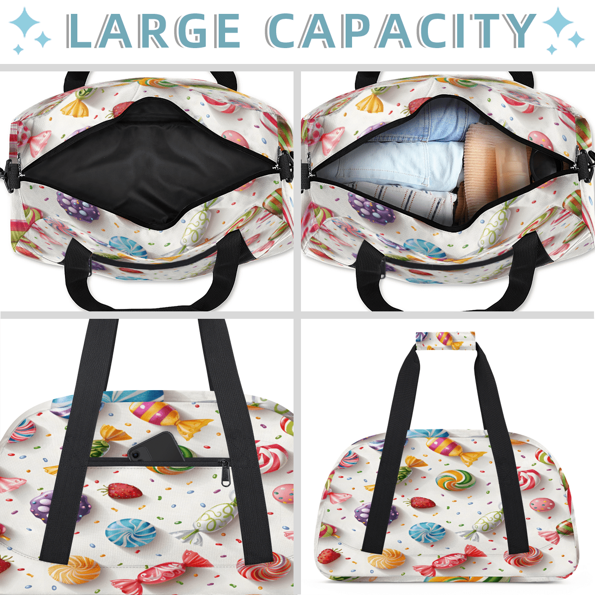 Herdesigns Candy Sports Duffle Bag for Women & Men, Colorful Candy Gym Bag Dance Bag Overnight Bag Carry On Weekender Travel Bag