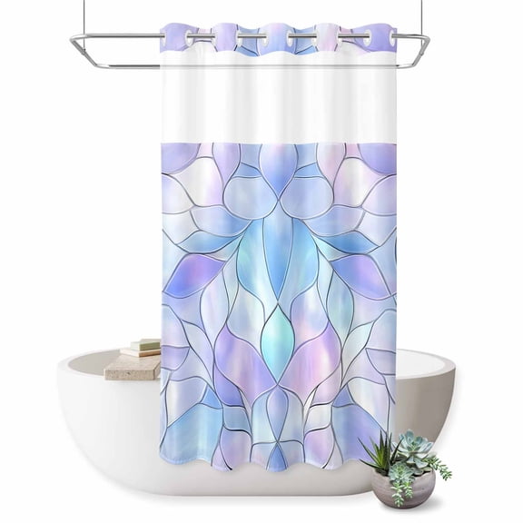 No Hook Shower Curtain, Stained Glass Shower Curtains for Bathroom with See Through Top Window, Blue Purple Floral Geometric Waterproof & Washable Bath Curtain Small Stall 36"x78"