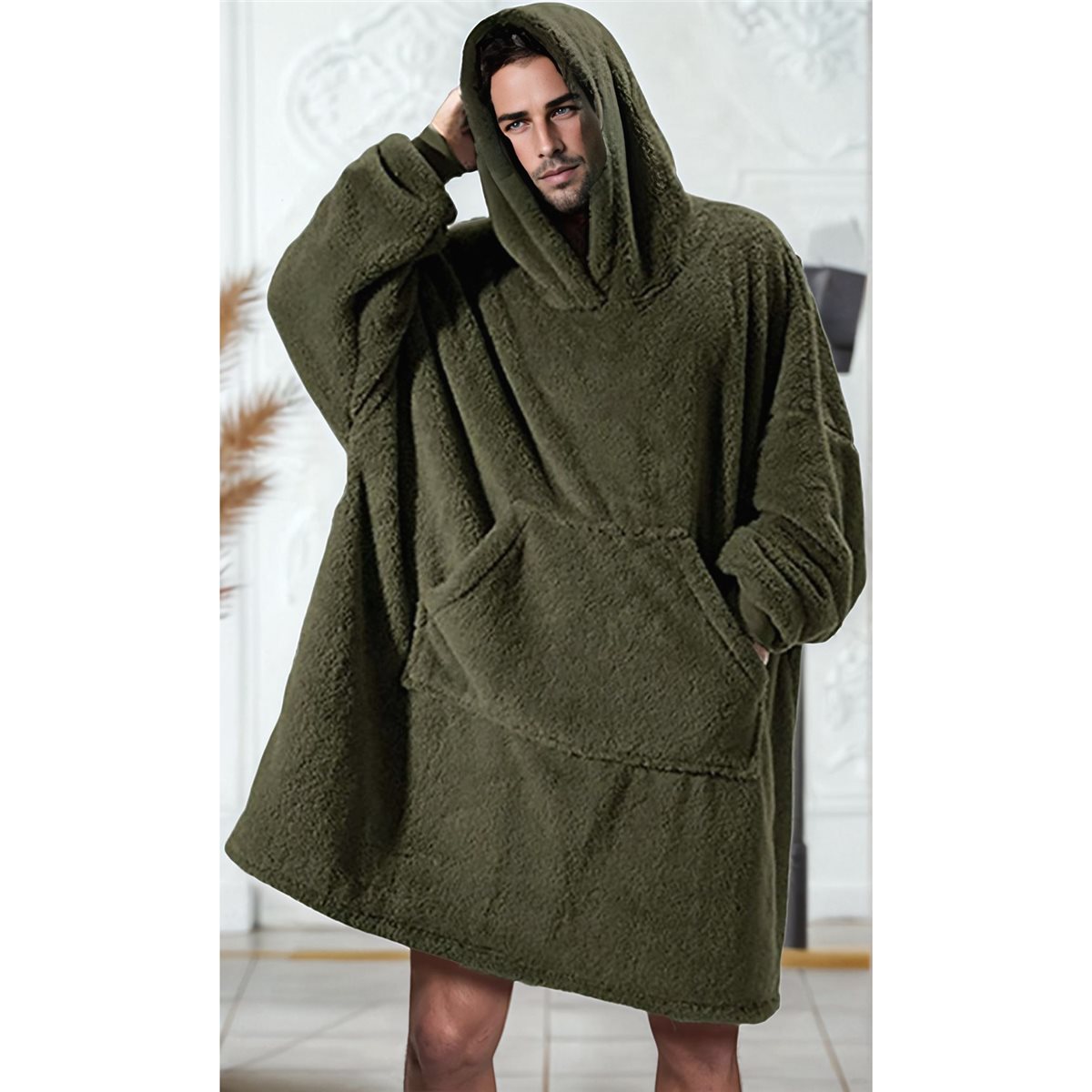 Oversized Blanket Hoodie Sweatshirt, Wearable Lounging Pullover for Adults Women Men Green One size