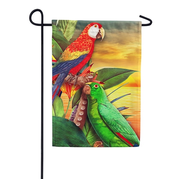 America Forever Macaw Paradise Summer Garden Flag 12.5 x 18 inches Exotic Tropical Birds Palm Leaves Sunset Double Sided Seasonal Yard Outdoor Decorative Coastal Garden Flag