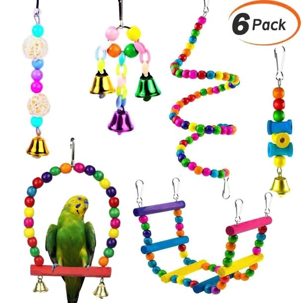 Juguetes de columpio para pájaros con campanas, jaula para loros, hamaca, juguete colgante, percha para periquitos, pájaros del amor, conures, periquitos pequeños, pinzones, cacatúas (paquet
