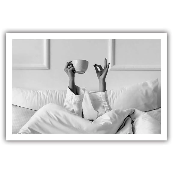 Vintage Funny Woman Drinking Coffee in Bed Poster Black and White Canvas Wall Art Print Coffee Fashion Aesthetics Poster Bar Cart Art Decor Girl Room Decor poster