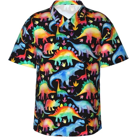Pastel Neon Dinosaurs Mens Hawaiian Shirt Short Sleeve Casual Button Up Tropical Summer Beach Shirt