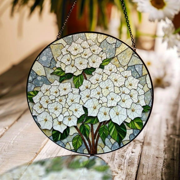 White Hydrangea Floral Window Suncatcher Stained Glass Panel Gift for Mom or Garden Lover