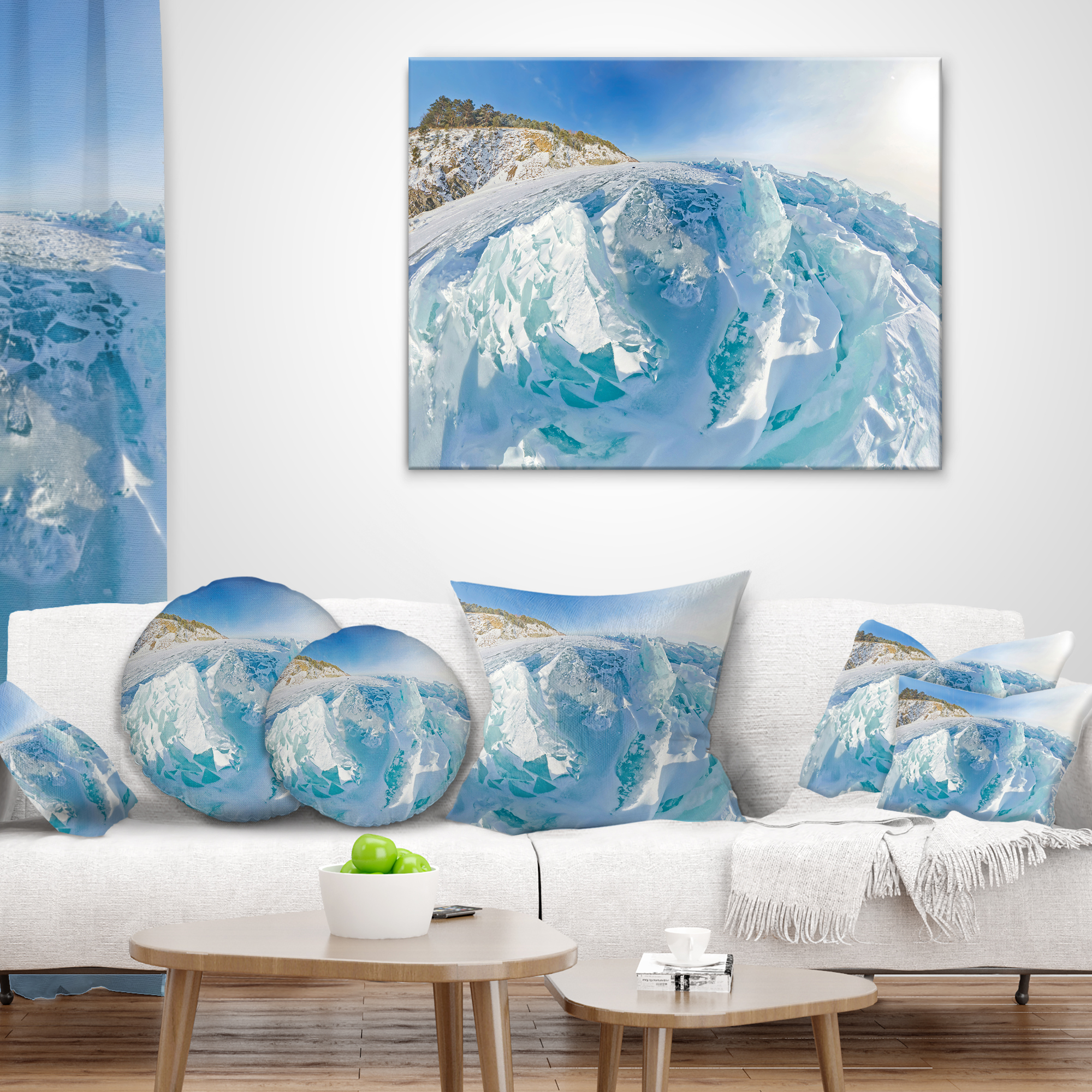 Designart Blue Ice Mountains in Lake Baikal Siberia - Landscape Printed Throw Pillow - 18x18
