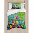 thumbnail image 3 of Flower Queen Size Duvet Cover Set, Dandelions Featured in Garden with Brushstrokes Watercolored Abstract Landscape Art, Decorative 3 Piece Bedding Set with 2 Pillow Shams, Multicolor, by Ambesonne, 3 of 3