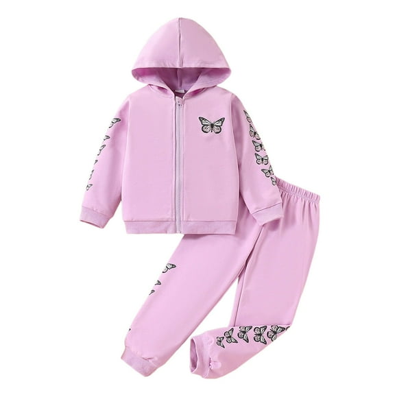 Dlasu Infant Girls Outfit Sets Zipper Flannel Butterfly Print Long Sleeve Hoodie Pullover and Sweatpants Winter Fall Suits