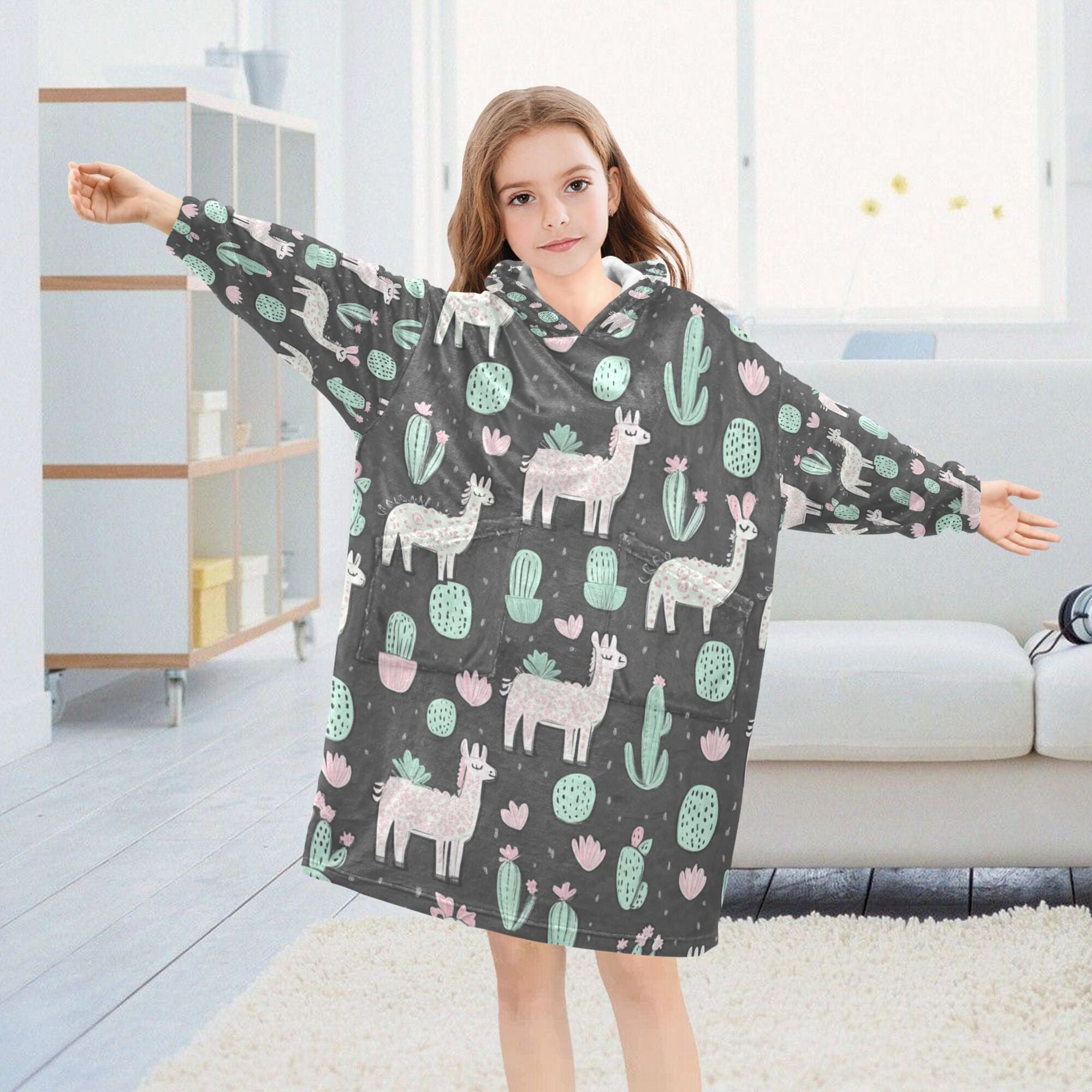 FORMRS Wearable Blanket Hoodie with Sleeves for Kids Cozy Flannel Sweatshirt, Cute Llamas Pattern