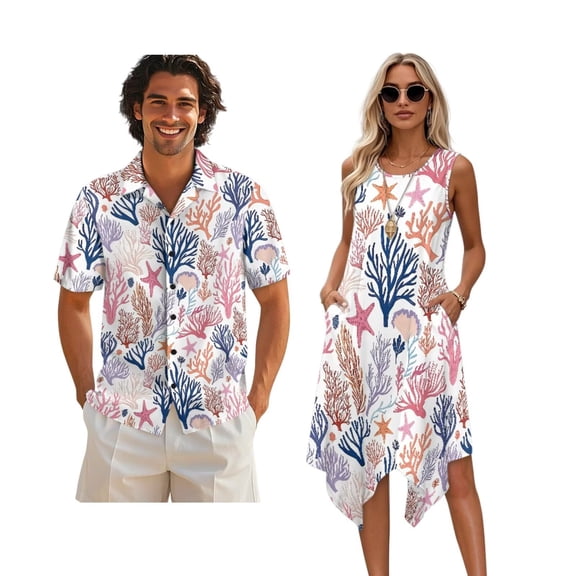 Whosucclay Starfish Coral Print Matching Hawaiian Outfits for Couples, Women's Casual Summer Sleeveless Crewneck Dress with Pockets Men's Hawaiian Button Down Aloha Shirt, S