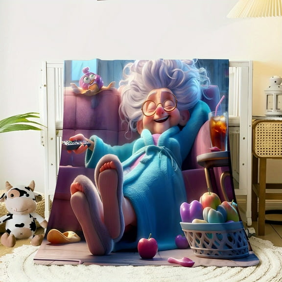 Soft Grandma Theme Blanket Soft Warm Flannel Fleece Mixed Color Digital Printing Contemporary Style All Seasons with Multi-Functional for Sofa Bed Travel Camping