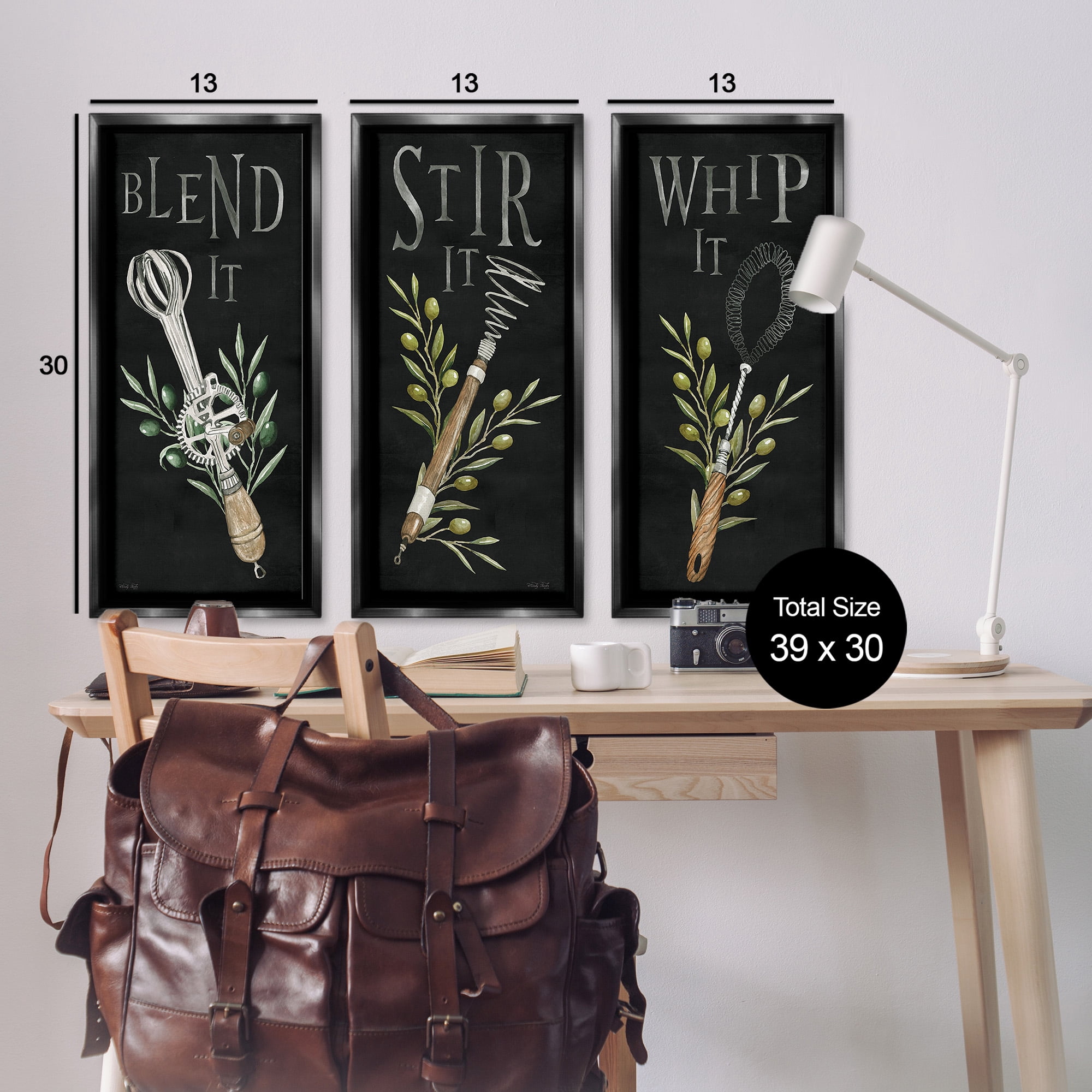 Stupell Industries Kitchen Utensils & Phrases Botanical & Floral Painting Black Floater Framed Canvas Art Print Wall Art, 14 x 31, Set of 3