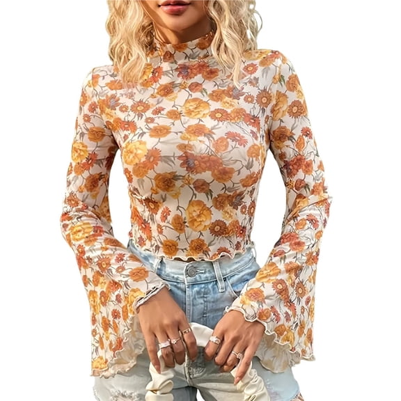 Women's Bell Sleeve Lettuce Trim Mock Neck Floral Mesh T Shirt Yellow XL