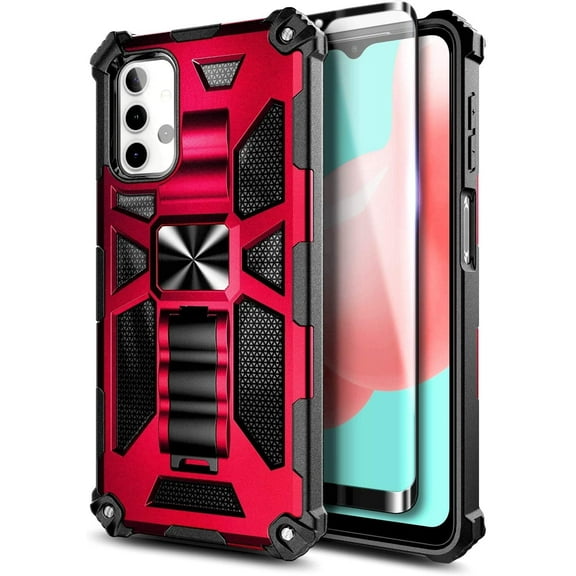 Nagebee for Samsung Galaxy A32 5G Case with Tempered Glass Screen Protector (Full Coverage) Full-Body Protective Shockproof [Military-Grade] Built in Kickstand Heavy-Duty (Red)