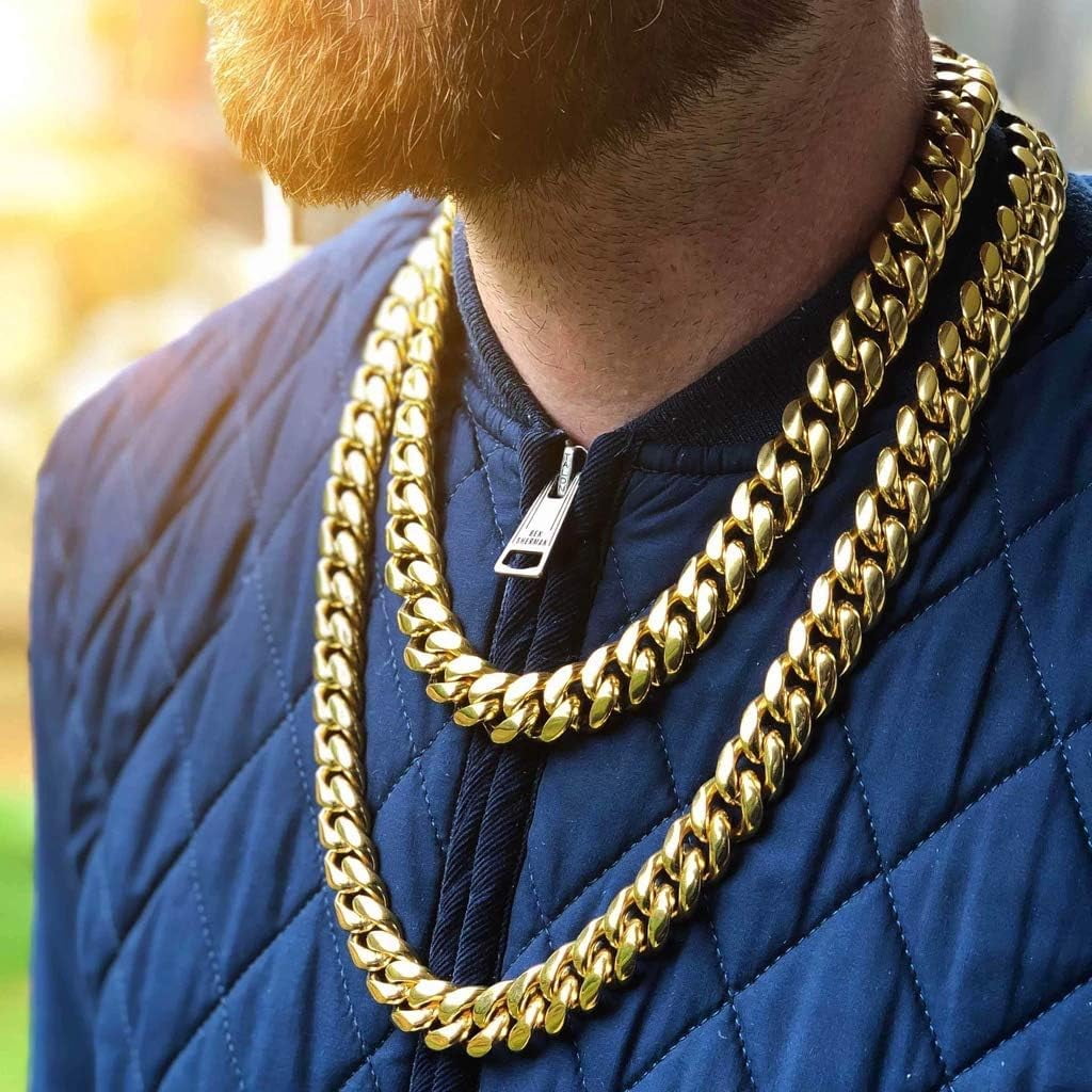 Mens Heavy Miami Cuban Link Chain Choker 14k Gold Plated Hip Hop Thick Stainless Steel 8mm/10mm/12mm/14mm/16mm Necklace/Bracelet