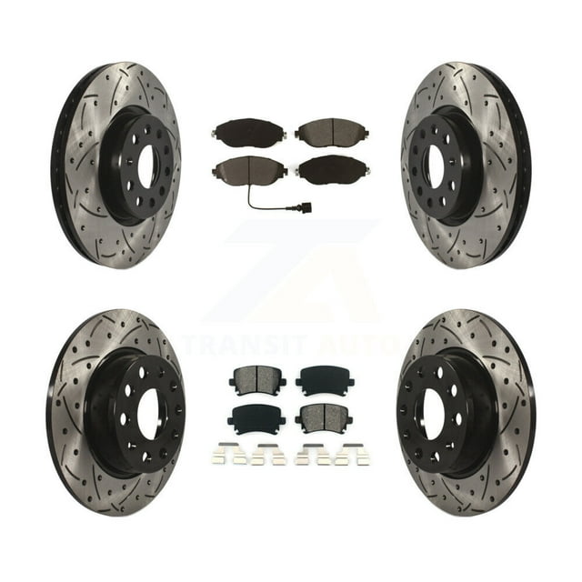 Transit Auto Front Rear Coated Drilled Slotted Disc Brake Rotors and Semi-Metallic Pads Kit for Car 2015 Volkswagen GTI with Performance Package KDS-100628