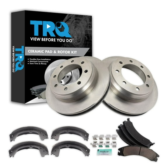 TRQ Rear Brake Pad & Rotor Kit Brake Pads Brake Rotor Parking Brake Shoe Set Ceramic Fits Select 2008-2014 Ford E-150 E-250 2008-2021 E-350 Super Duty