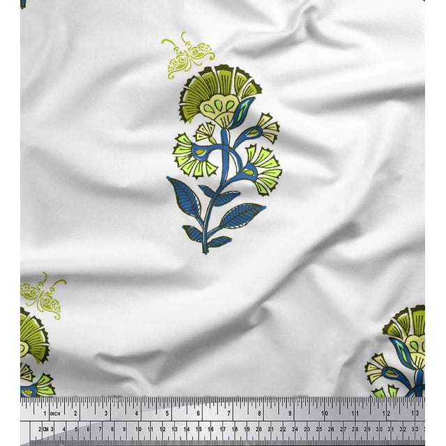 Soimoi Green Georgette Viscose Fabric Insect,Leaves & Floral Block Decor Fabric Printed BTY 42 Inch Wide