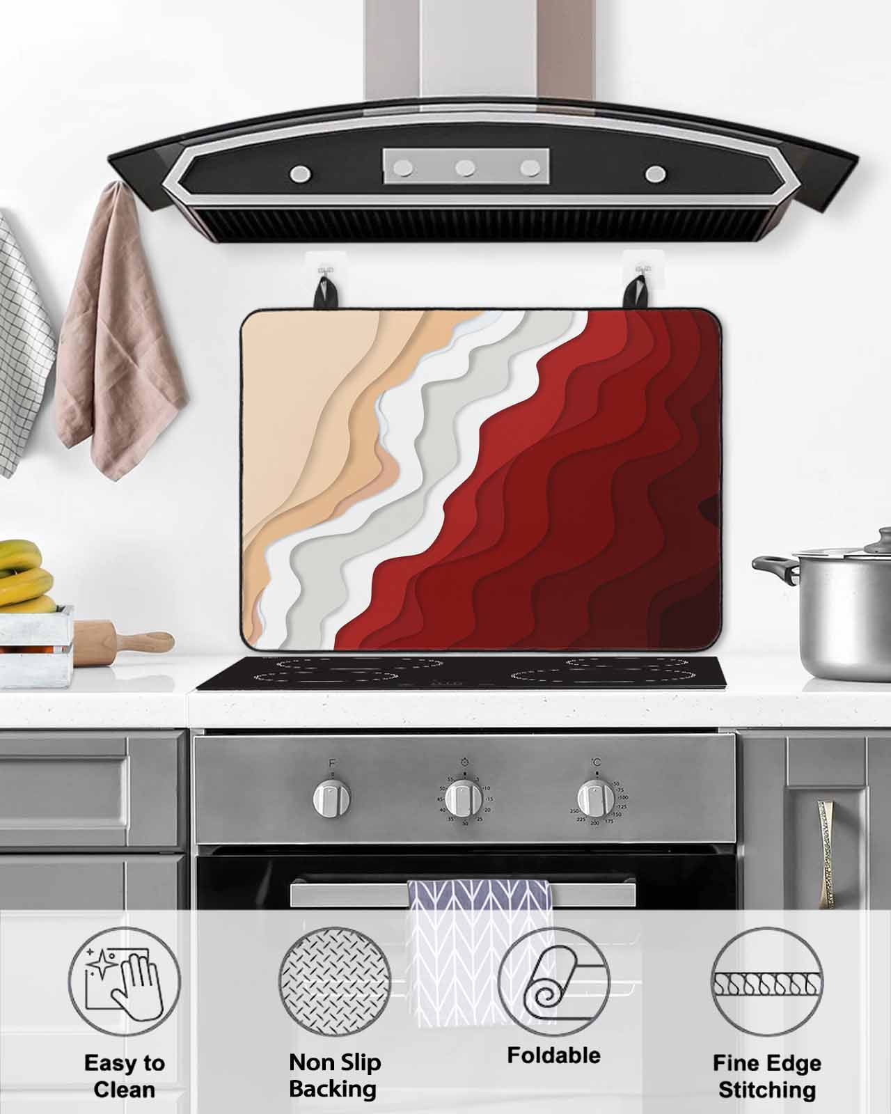 nqOlkjepod Large Induction Cooktop Protector Mat 24"x21", Red Coastal Beach Stove Top Covers for Electric Stove, Farmhouse Abstract Ocean Waves Striped Stove Burner Cover Mats, Glass Top Stove Cover