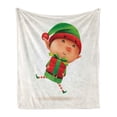 thumbnail image 1 of Elf Soft Flannel Fleece Throw Blanket, Little Boy Holding a Present Jumping up Holiday, Cozy Plush for Indoor and Outdoor Use, 70" x 90", Fern Green Vermilion, by Ambesonne, 1 of 5