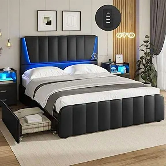 Queen Size Bed Frame with Headboard and 4 Storage Drawers, LED Lights & 2 USB Ports, Modern Black Upholstered Bed with Wooden Slats Support, No Box Spring Needed