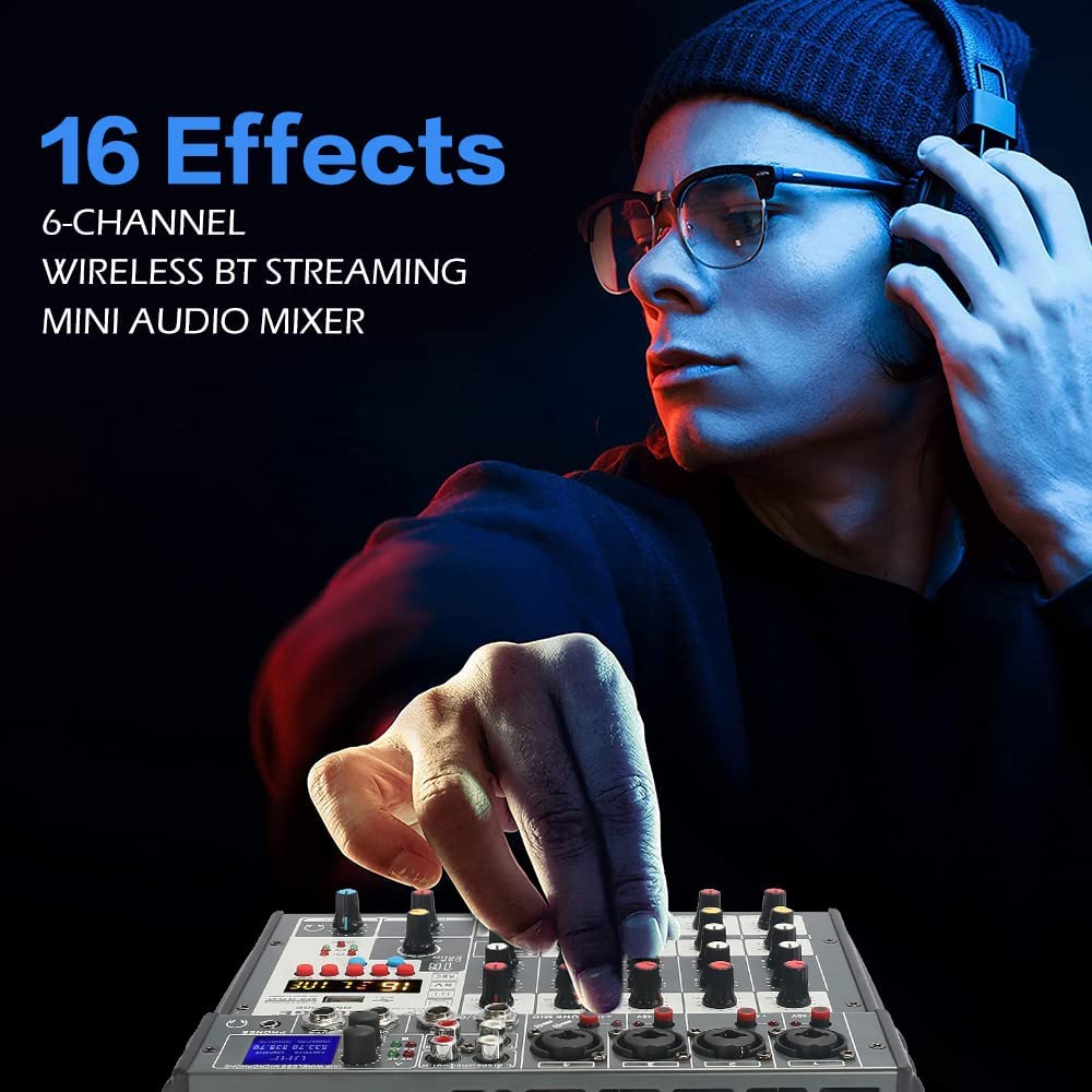 BOMGE 6 channel Audio DJ Console Mixer Soundcard with 2 Wireless Microphoneh,MP3,USB Bluetooth, 48V phantom for Home Studio Recording DJ Network Live Karaoke 16 Echo/Delay (06E-grey)