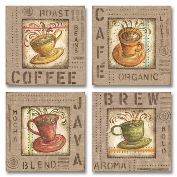 Modern Brown Coffee Cup Adult Kitchen Decor Set; 4- 12" x 12" Unframed Prints