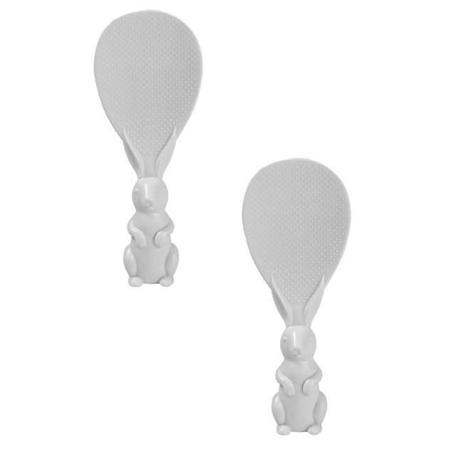 Oleegame 2PC Stainless Steel Cutlery Set Cute And Creative Rabbit Can Be Vertical Non Stick Rice Spoon Rice Shovel Straw Plastic Rice Spoon White