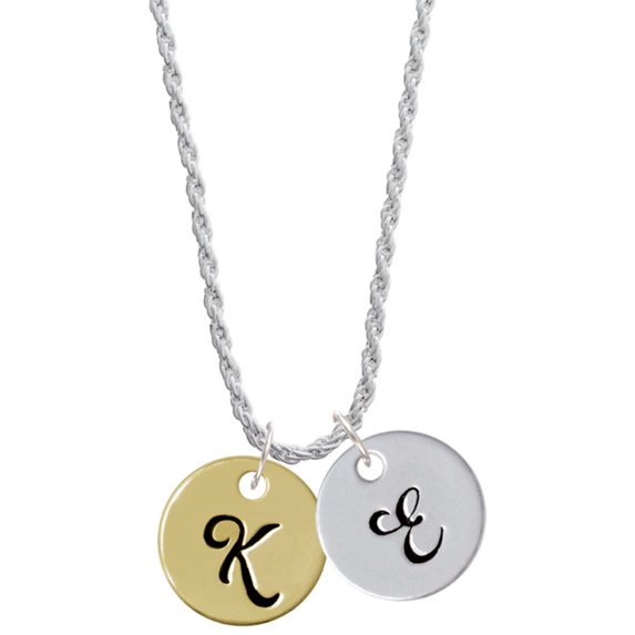 Delight Jewelry Goldtone Large Disc Letter - K - 3/4'' Silvertone Script Initial Disc - E - Charm Necklace, 20"+3"