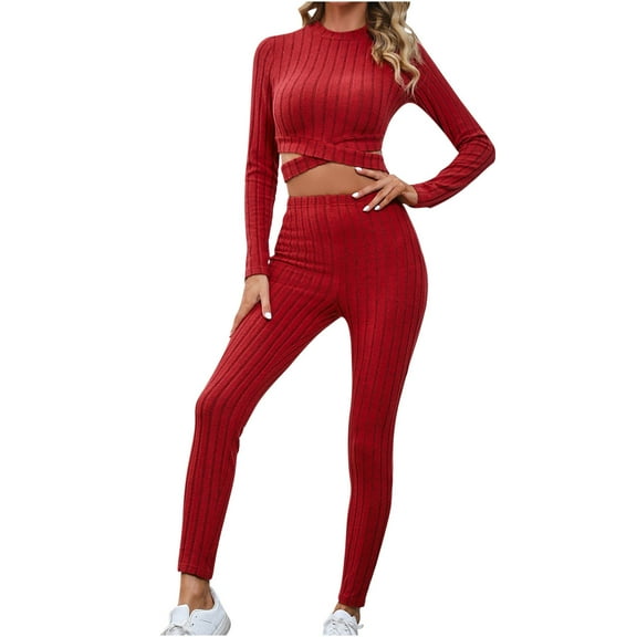 ShomPort Workout Outfits for Women 2 Piece Long Sleeve Ribbed Seamless Crop Tops High Waist Yoga Leggings Sports Sets