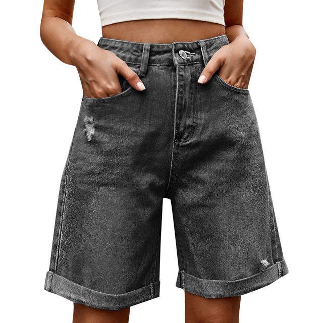 TINZ Women Ripped Straight Leg Distressed Hem Five Point Casual Comfortable Fashion Denim Shorts Wide Leg Pants for Women High Waist Designer Wide Leg Pants for Women