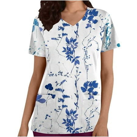 

RYRJJ Short Sleeve Scrub Top for Women Ladies Butterfly Floral Print Blouse Casual Nurse Uniforms Pockets Workwear T Shirt(01#Dark Blue L)