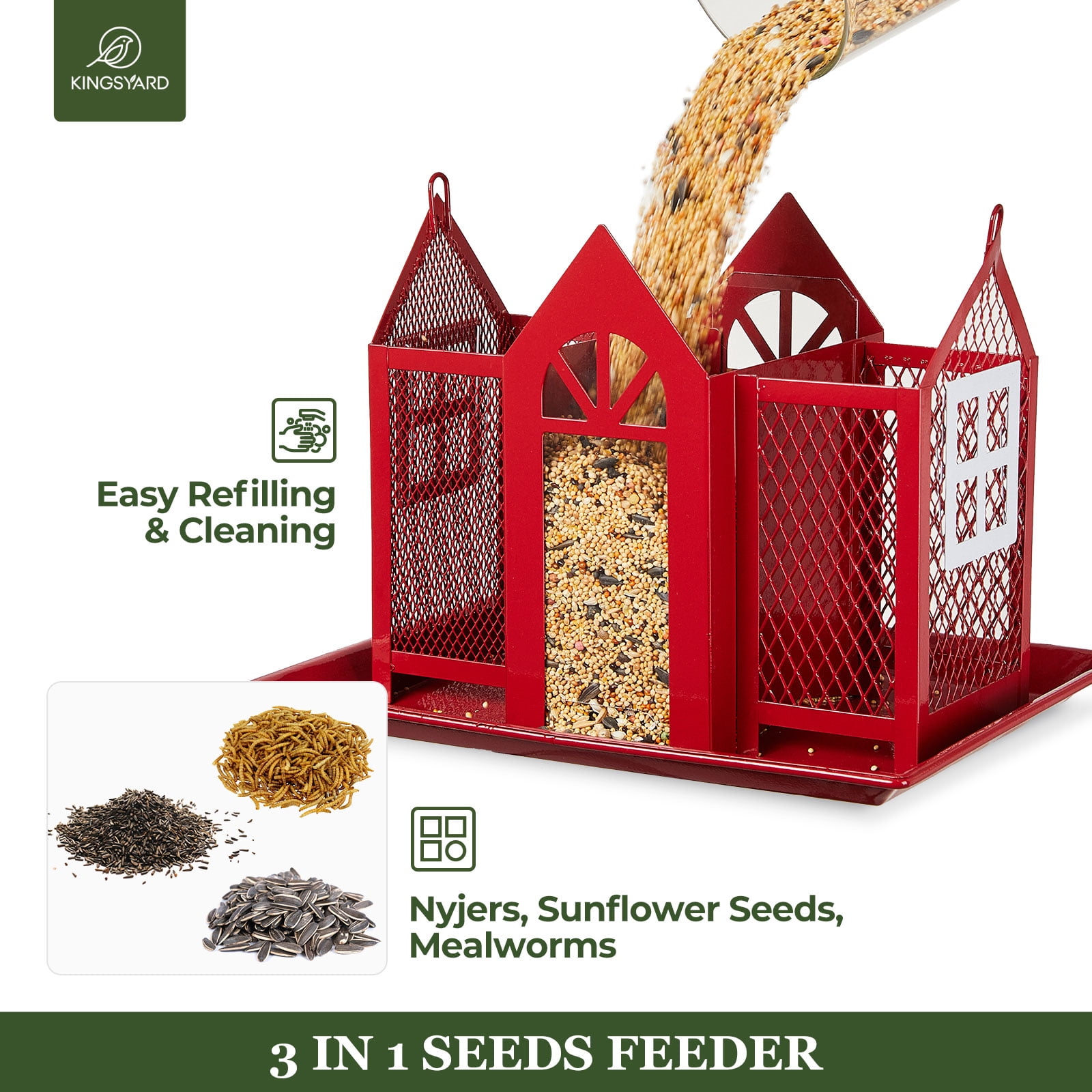 Kingsyard Weatherproof Metal Bird Feeder House, Triple Feeders for Outside Finch Cardinal, Red