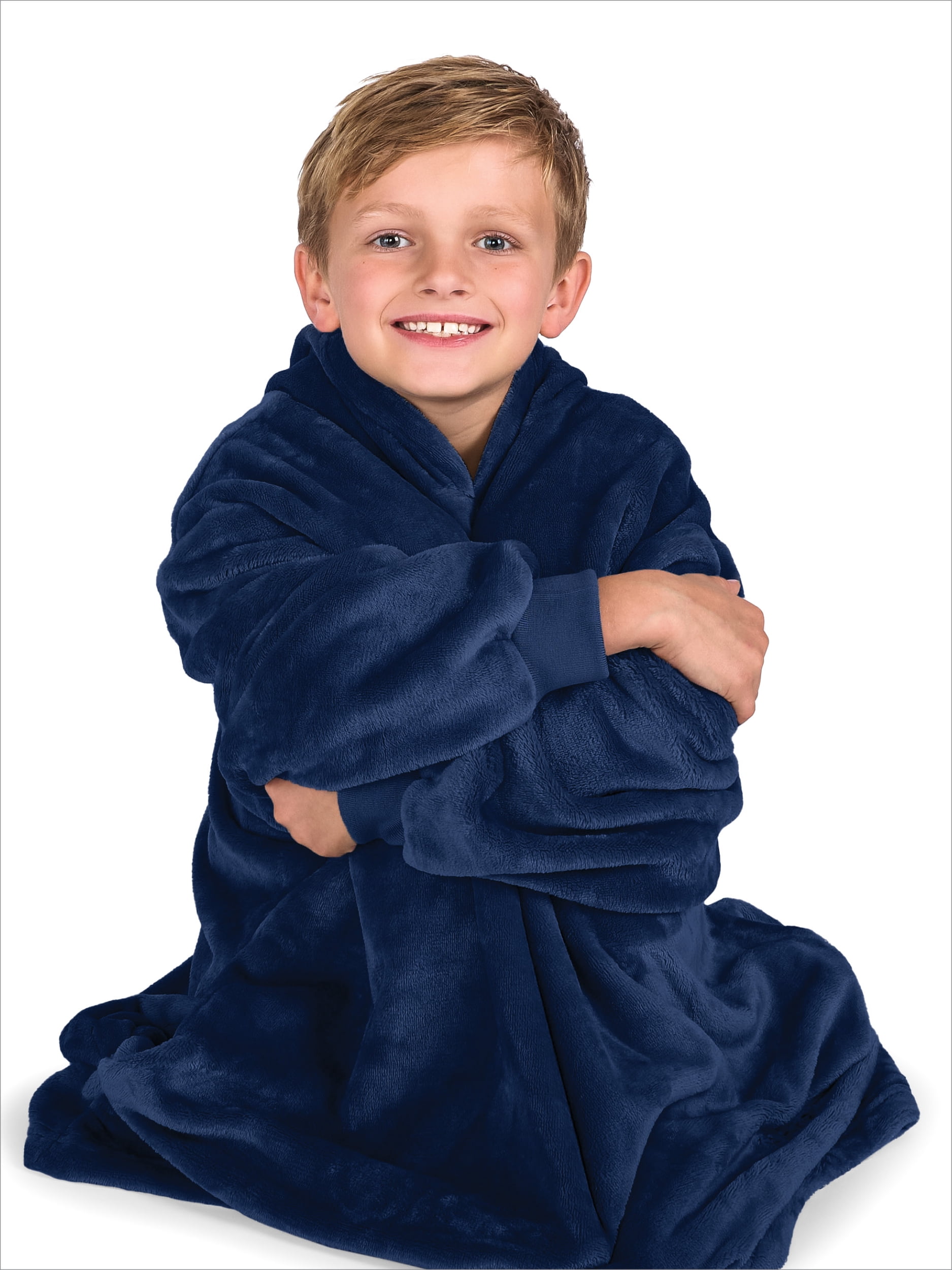 Bare Homey Kids Size Microplush Wearable Blanket - Side Pockets - Warm - Velvety Soft, Dark Blue