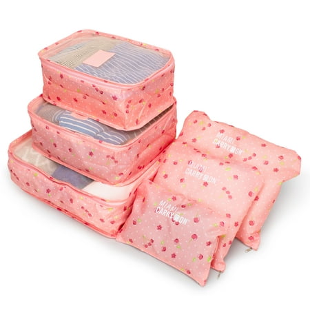 Set of 6 Packing Cubes, Travel Luggage Organizer - 3 Travel Cubes + 3 Pouches (Pink