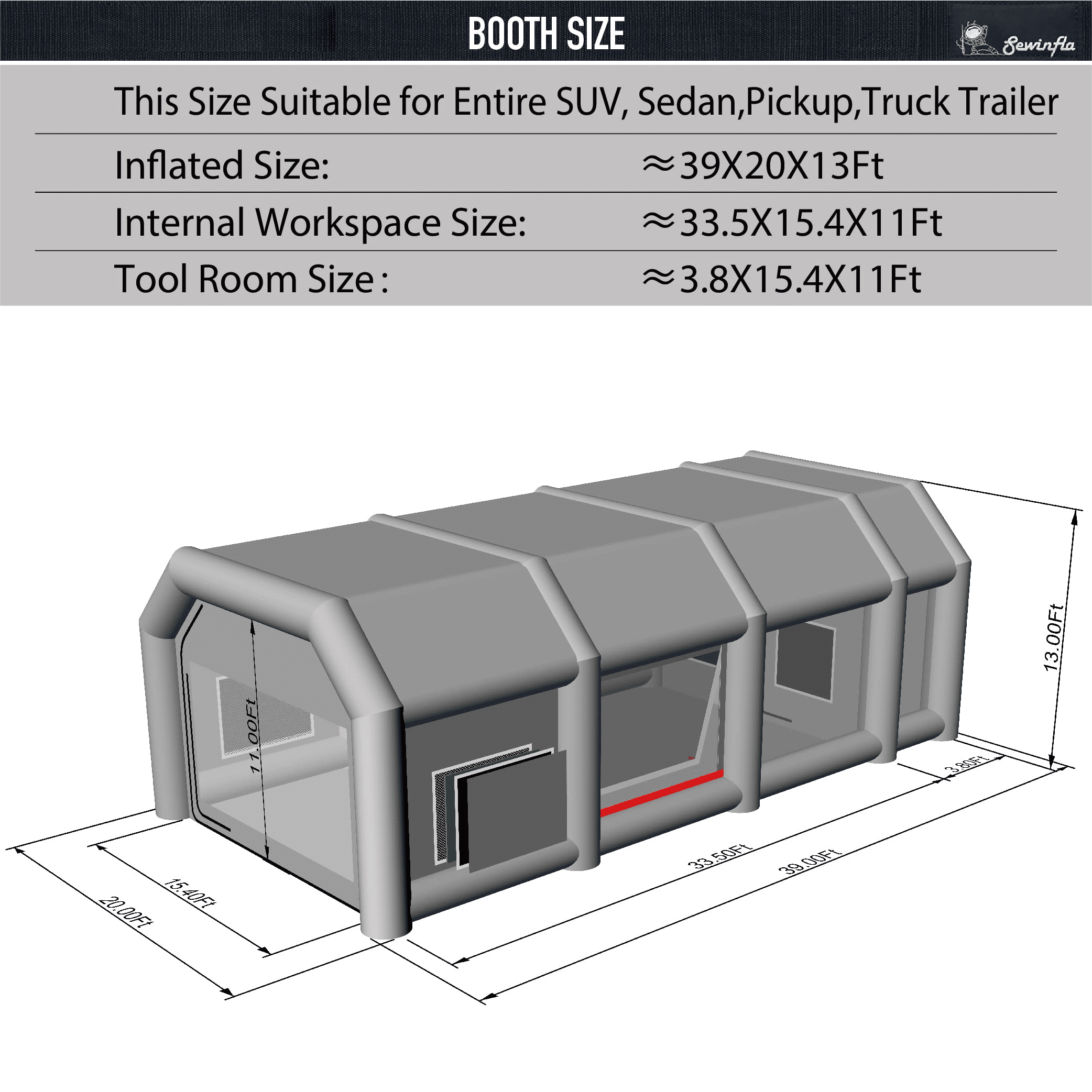 Sewinfla Inflatable Paint Booth 39x20x13Ft with Blowers Professional Inflatable Spray Booth Portable Car Painting Booth