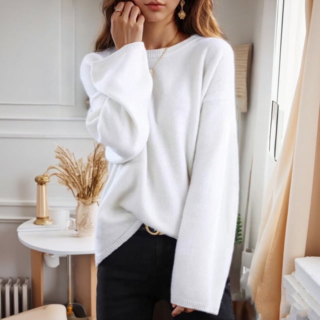 Suéter de cuello redondo para mujer, suéter informal de color liso, cárdigan holgado, suéter de manga larga, chaqueta, blusa para mujer