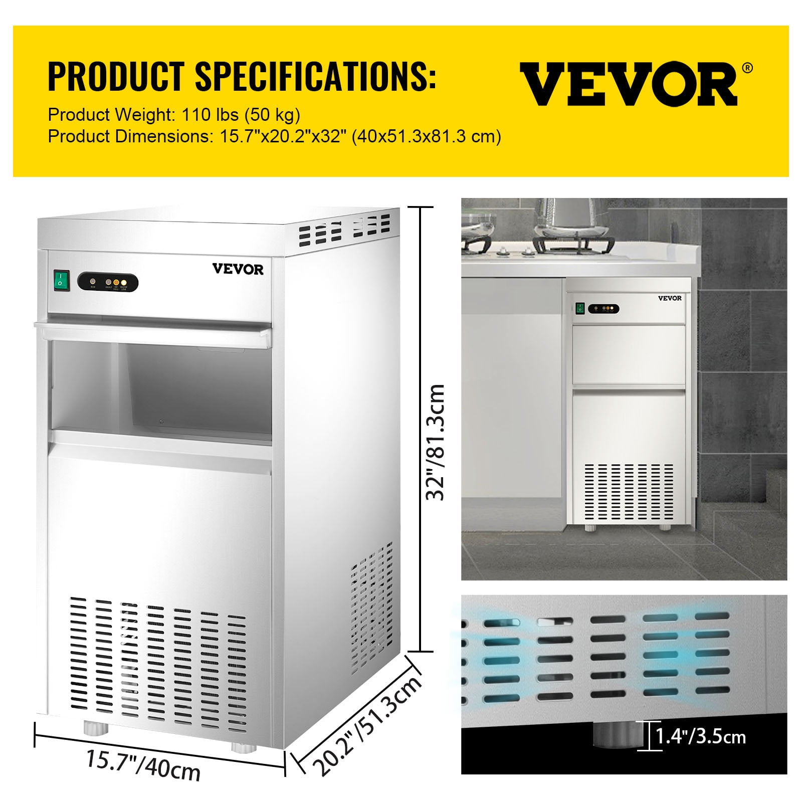 VEVOR 110V Commercial Snowflake Ice Maker 88lbs/24h, ETL Approved, Food  Grade Stainless Steel Construction, Automatic Operation, Freeatanding,  Water Filter and Spoon, Perfect for Seafood Restaurant 