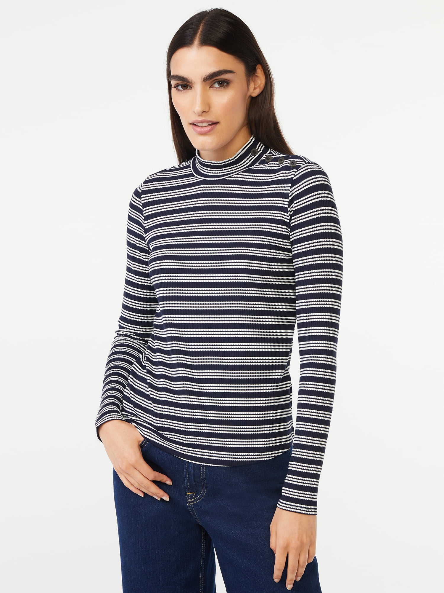 Free Assembly Women's Button Shoulder Mock Neck Ribbed Top with Long