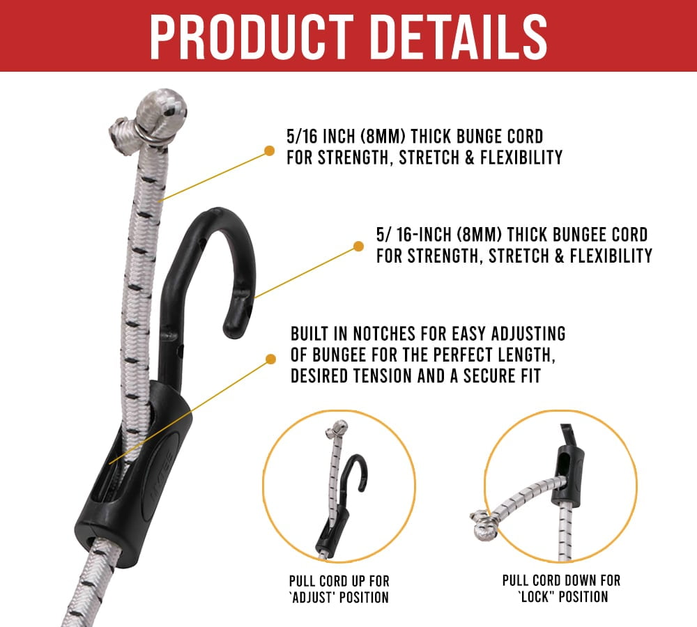 (25 Pcs) 72” Heavy Duty Adjustable Bungee Cords with hook - Polypropylene (PP) Bungee Cords for Outdoor Camping, Household - Extendable upto 108 inches