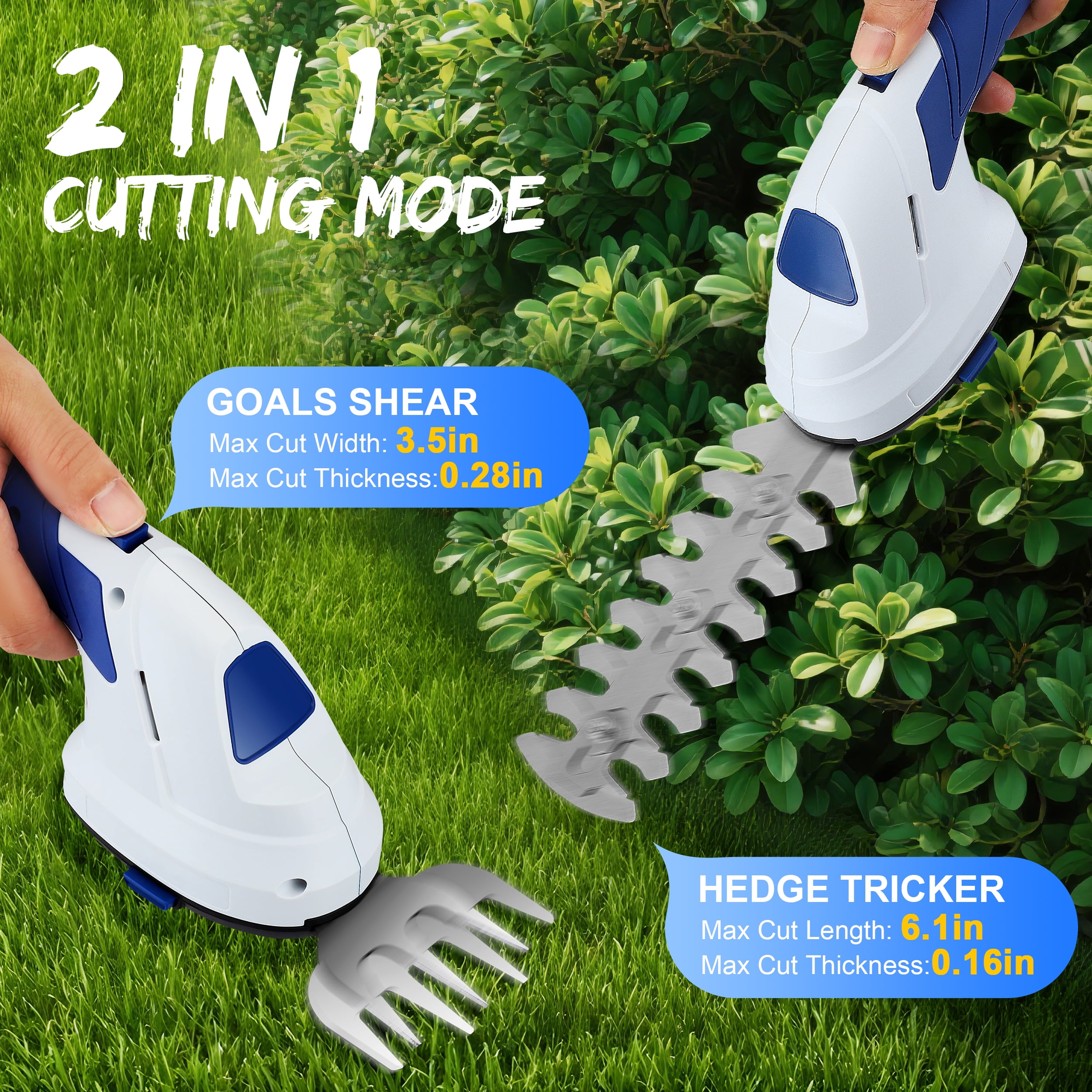 RELOIVE Hedge Trimmer Cordless,2-in-1 Cordless Grass Shears,7.2V Electric Shrub Trimmer with 2.0 Ah Battery,Blue