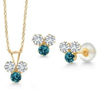 Gem Stone King 14K Yellow Gold White Lab Grown Diamond and London Blue Topaz 3 Stone Pendant and Earrings Jewelry Set for Women (0.99 Cttw, Round 3MM, with 18 inch Chain)