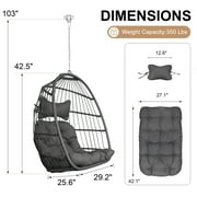 RADIATA Patio Hanging Egg Chair Without Stand, Foldable 5 Thick Cushion Wicker Rattan Egg Swing Chair, Indoor Outdoor Patio Porch Balcony Chair for Ceiling Tree Pergola Hanging, 350 lb, Dark Gray