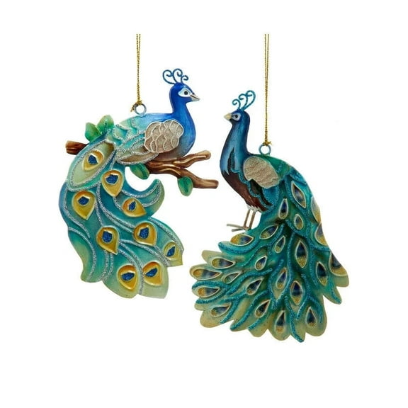 Set of 2 TIN PEACOCK Glittered Christmas Ornaments, by Kurt Adler
