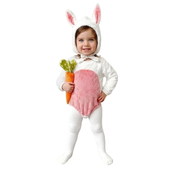 FINALGANG Baby Girls Easter Bunny Dress Up Set Fuzzy Bunny Ear Hood With Long Sleeve Crewneck Romper For Party Performance Wear Cozy Outfit