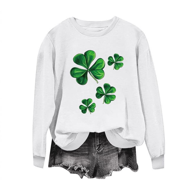 AherBiu Chandails de la Saint-Patrick pour Femmes Col Rond Manches Longues Imprimé Trèfle Décontracté Ample